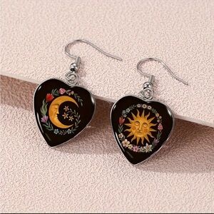 Glossy Vintage Inspired Heart-Shaped Sun and Moon Earrings